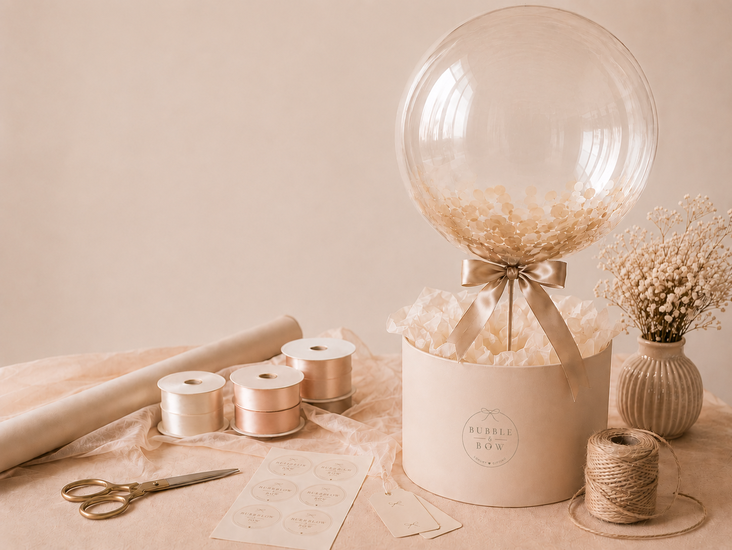 A luxury personalised bubble balloon gift with satin ribbon and linen gift box